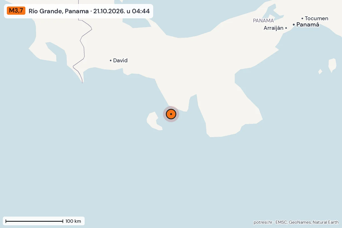 Karta: šire područje, 600 km, potres M3,7, Río Grande, Panama, 21.10.2026.