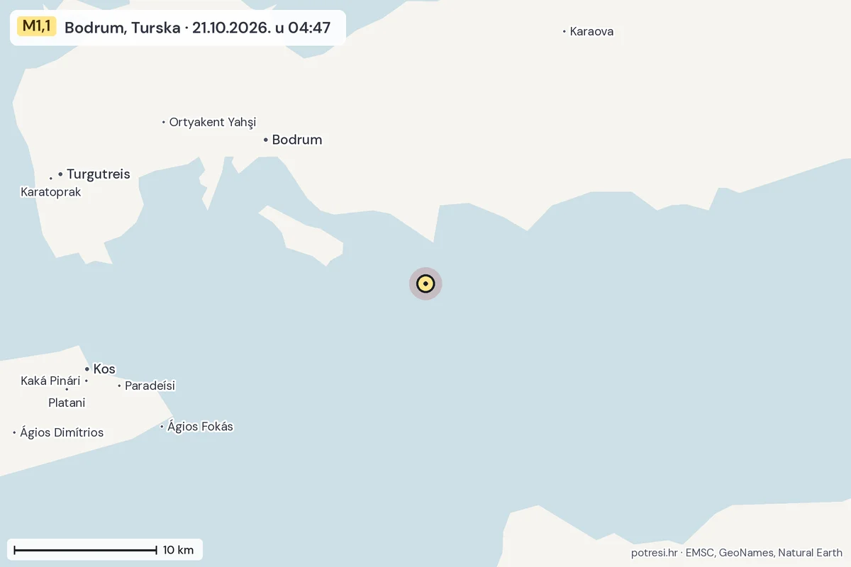 Karta: okolica epicentra, 60 km, potres M1,1, Bodrum, Turska, 21.10.2026.