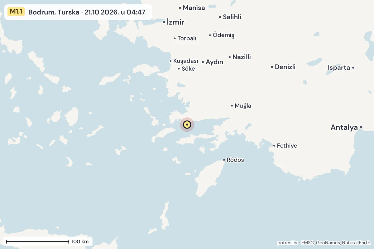 Karta: šire područje, 600 km, potres M1,1, Bodrum, Turska, 21.10.2026.