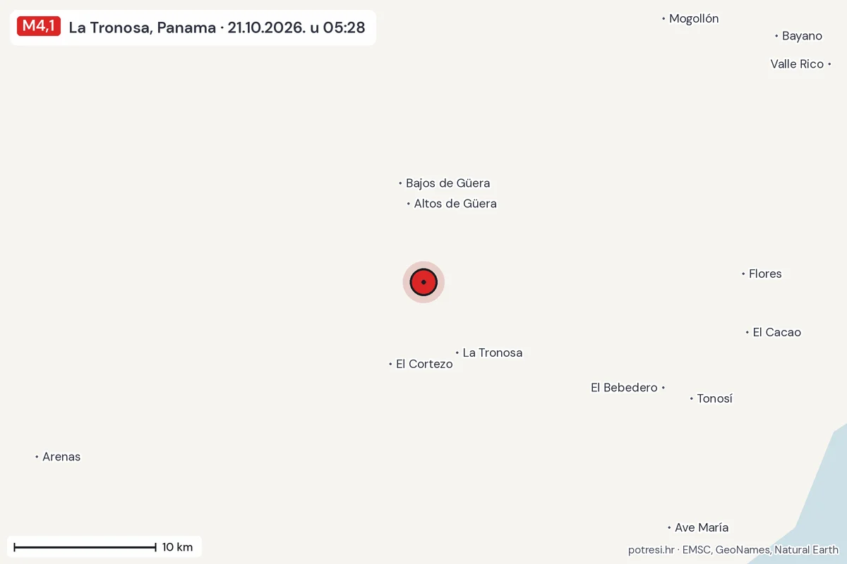 Karta: okolica epicentra, 60 km, potres M4,1, La Tronosa, Panama, 21.10.2026.