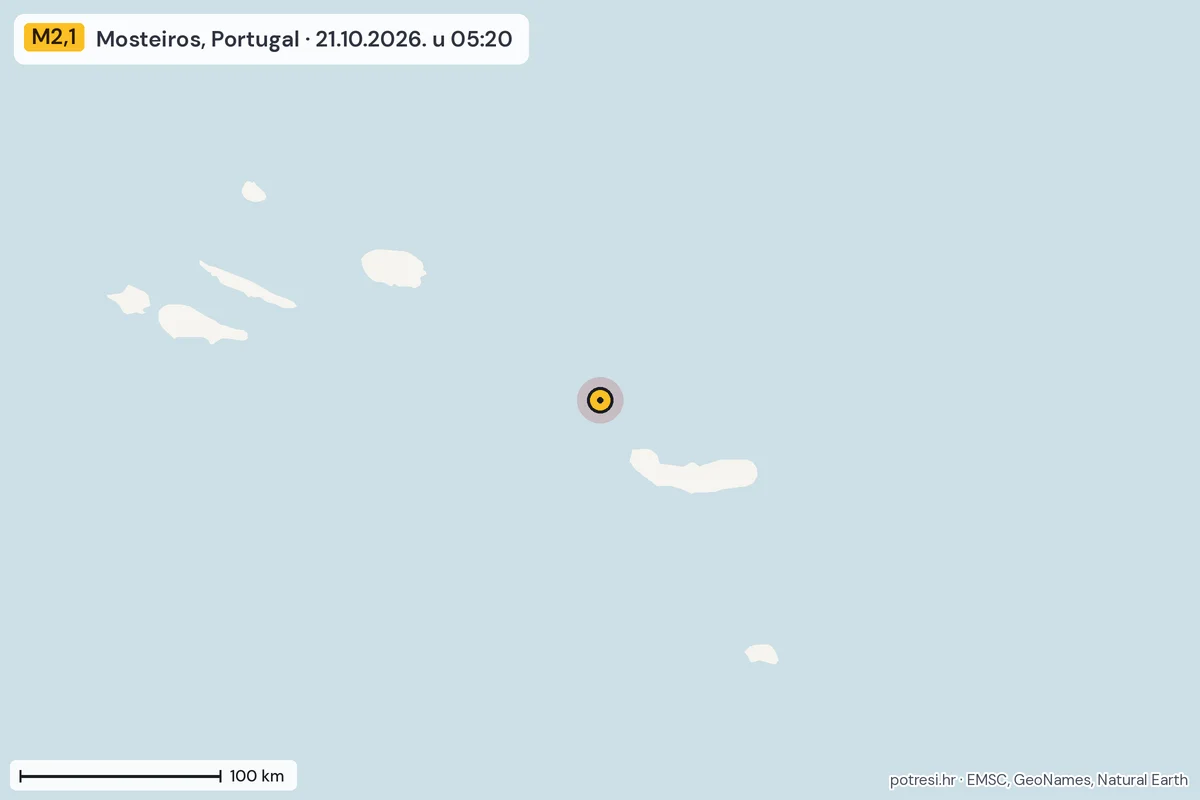 Karta: šire područje, 600 km, potres M2,1, Mosteiros, Portugal, 21.10.2026.