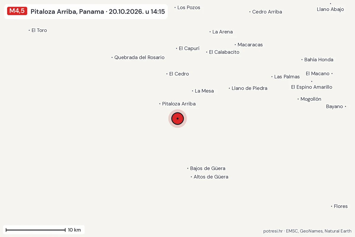 Karta: okolica epicentra, 60 km, potres M4,5, Pitaloza Arriba, Panama, 20.10.2026.