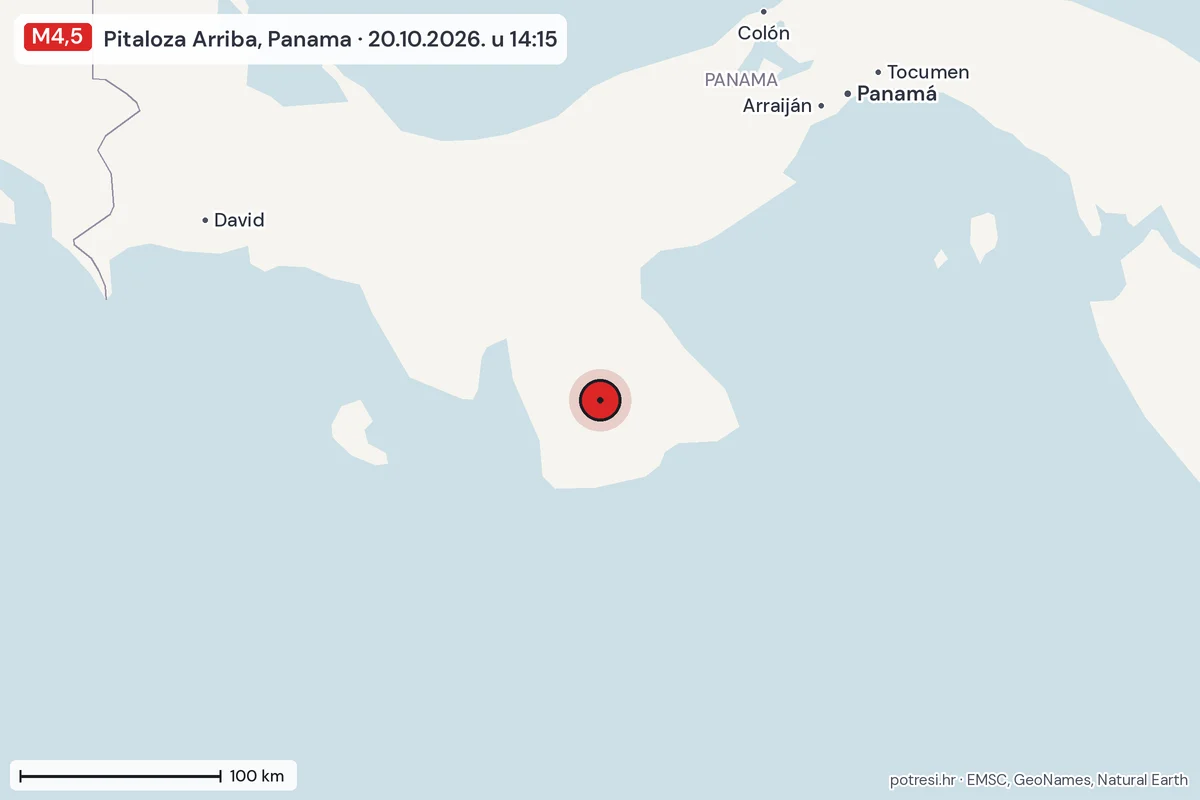 Karta: šire područje, 600 km, potres M4,5, Pitaloza Arriba, Panama, 20.10.2026.
