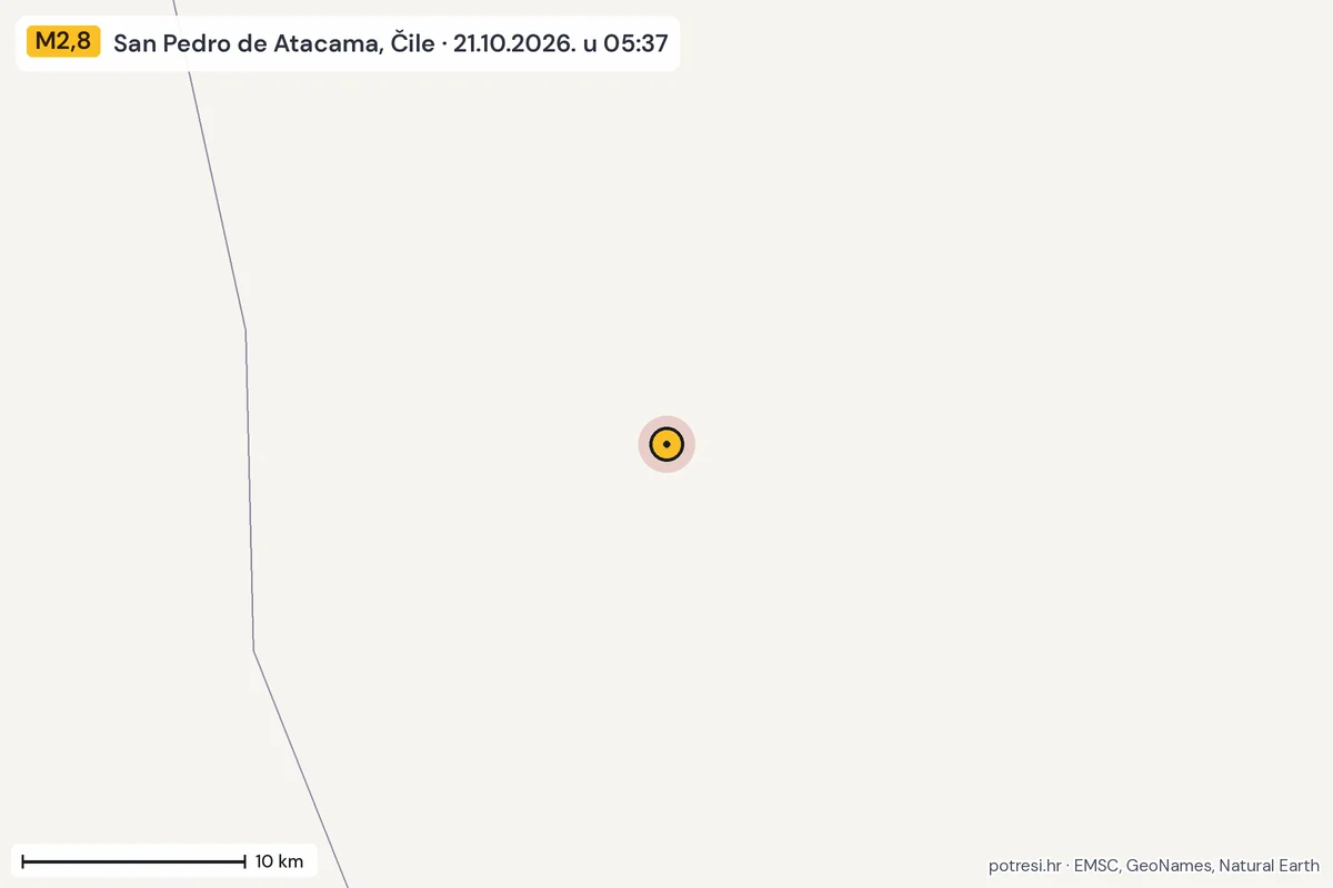 Karta: okolica epicentra, 60 km, potres M2,8, San Pedro de Atacama, Čile, 21.10.2026.