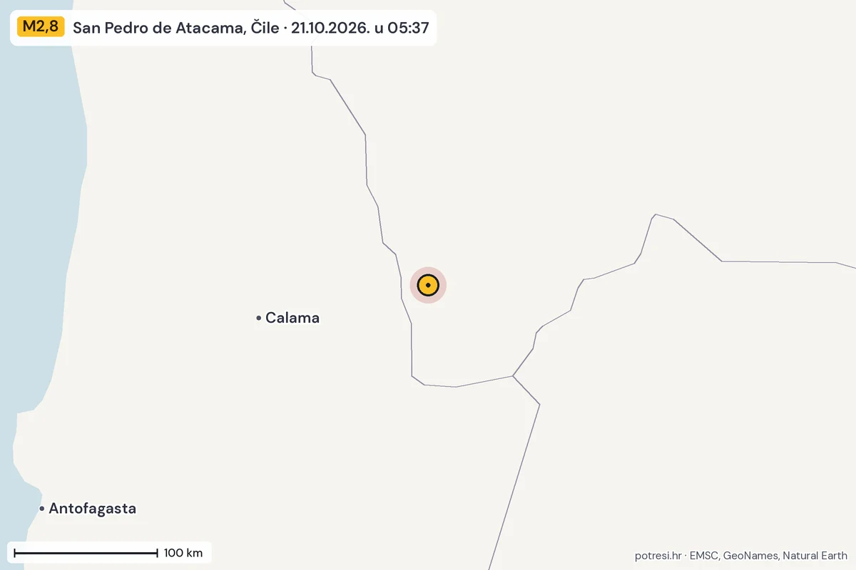 Karta: šire područje, 600 km, potres M2,8, San Pedro de Atacama, Čile, 21.10.2026.