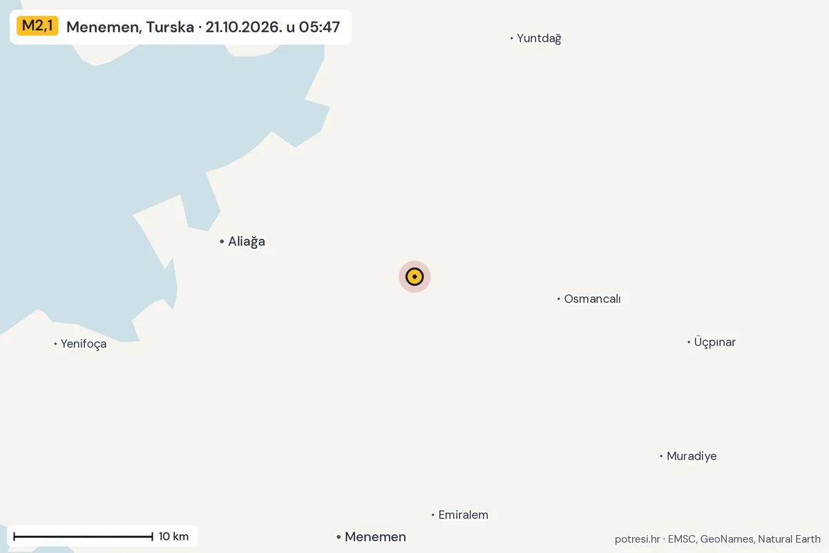Karta: okolica epicentra, 60 km, potres M2,1, Menemen, Turska, 21.10.2026.