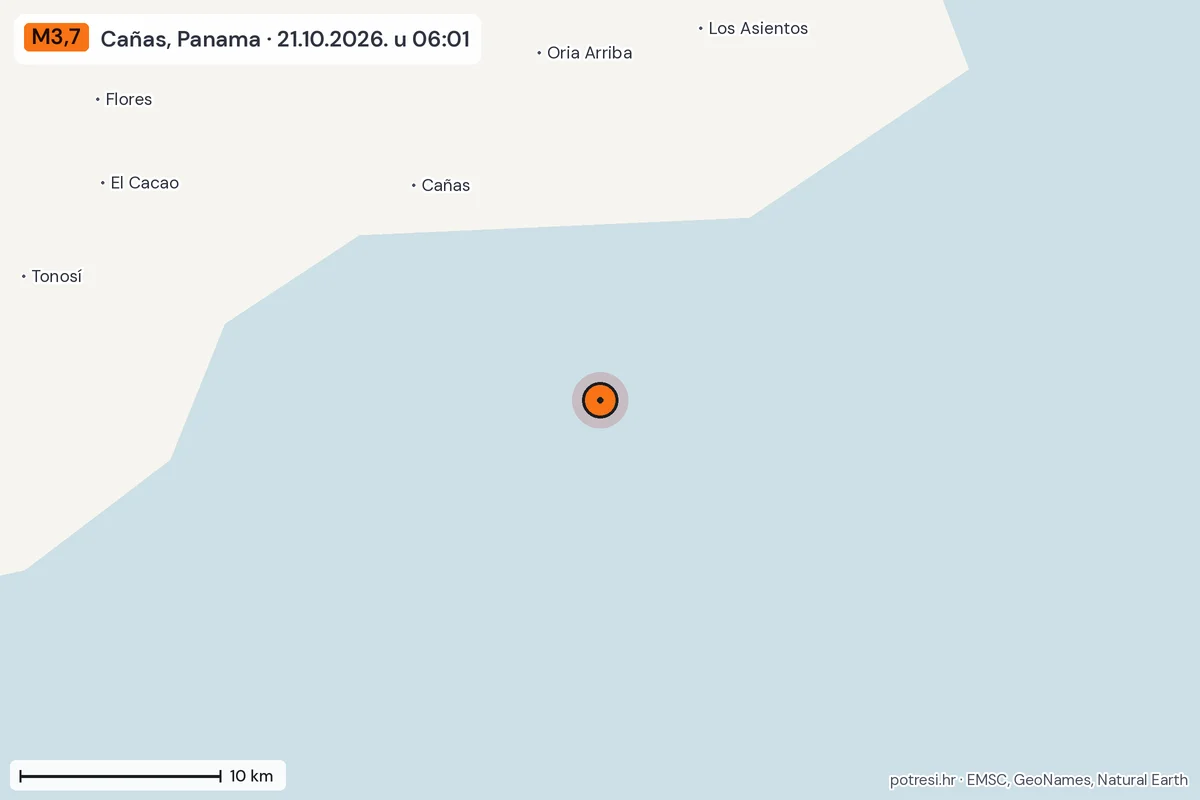 Karta: okolica epicentra, 60 km, potres M3,7, Cañas, Panama, 21.10.2026.