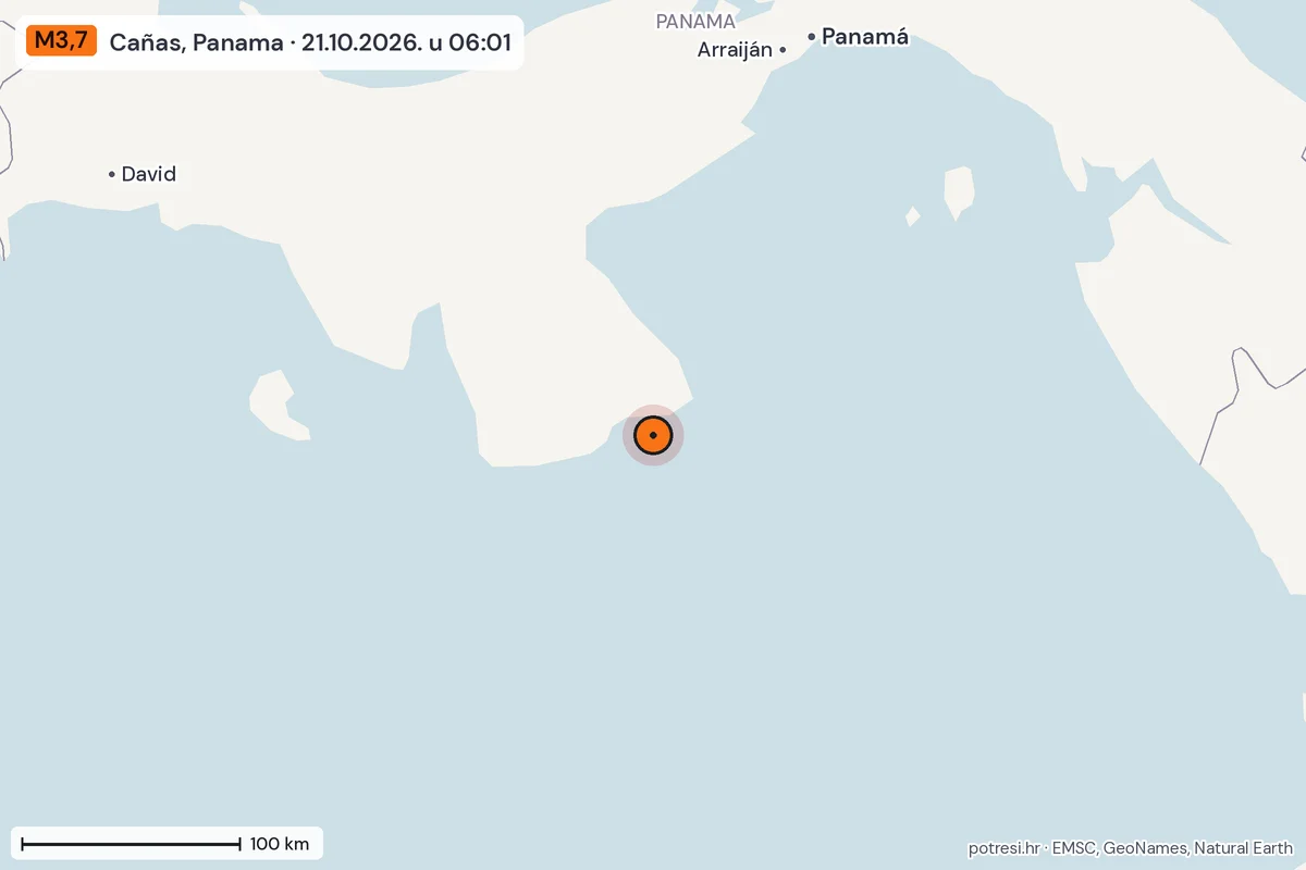 Karta: šire područje, 600 km, potres M3,7, Cañas, Panama, 21.10.2026.