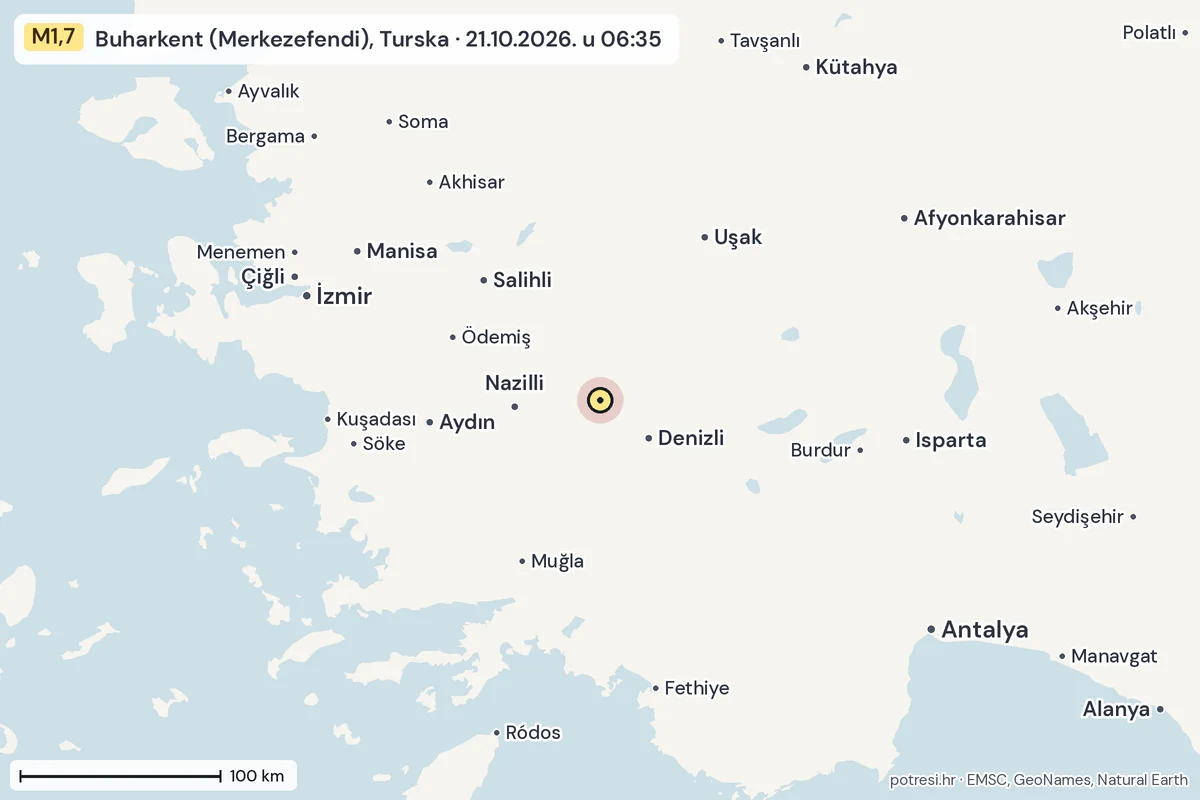 Karta: šire područje, 600 km, potres M1,7, Buharkent (Merkezefendi), Turska, 21.10.2026.