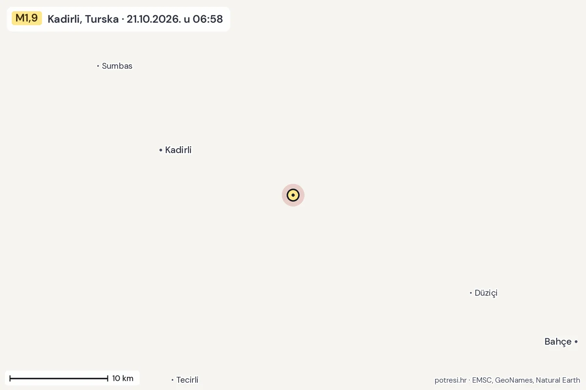 Karta: okolica epicentra, 60 km, potres M1,9, Kadirli, Turska, 21.10.2026.