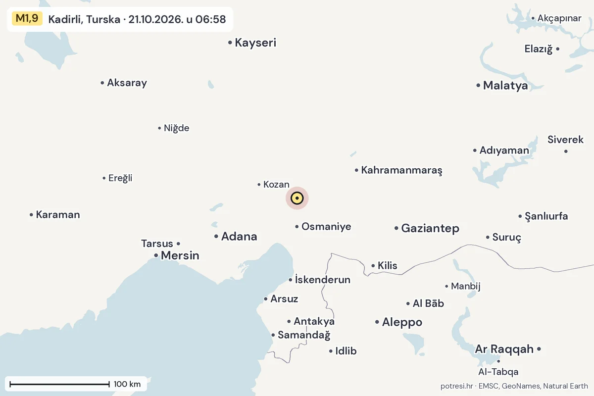 Karta: šire područje, 600 km, potres M1,9, Kadirli, Turska, 21.10.2026.