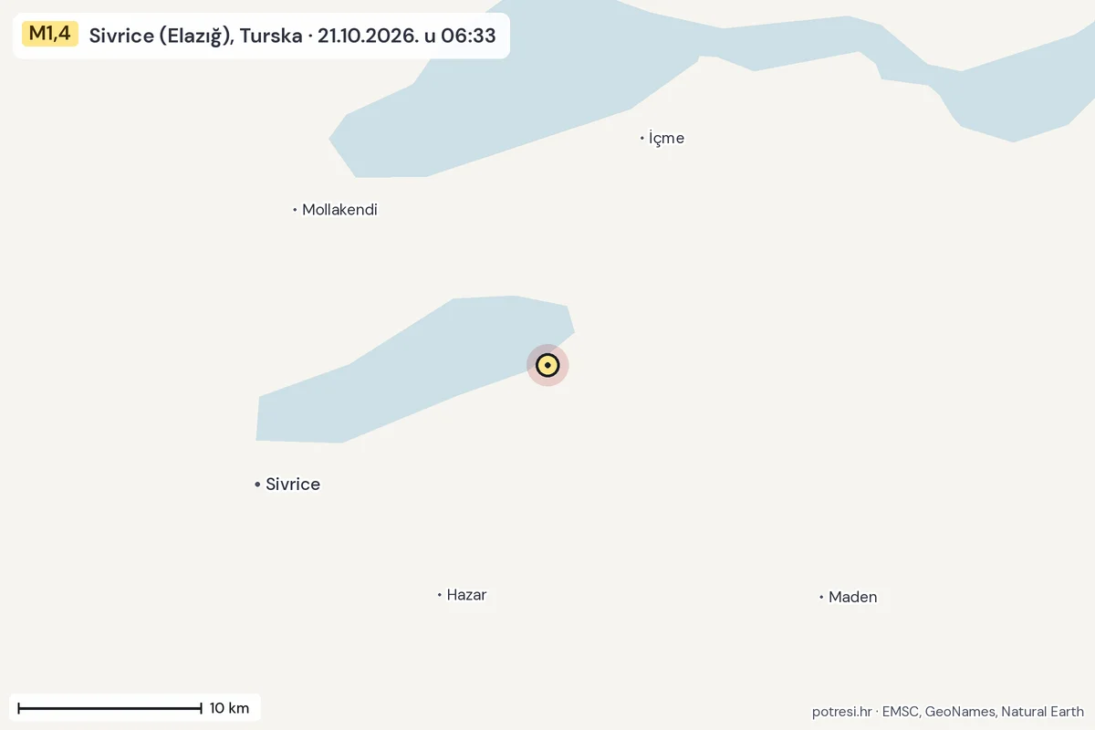 Karta: okolica epicentra, 60 km, potres M1,4, Sivrice (Elazığ), Turska, 21.10.2026.
