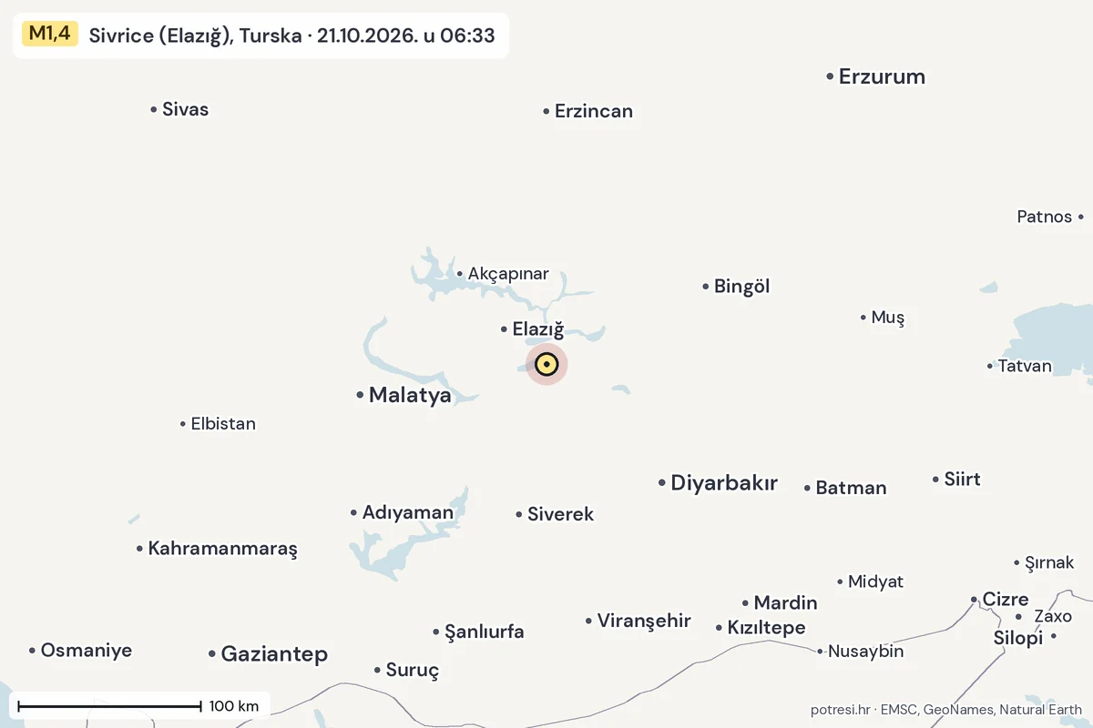 Karta: šire područje, 600 km, potres M1,4, Sivrice (Elazığ), Turska, 21.10.2026.