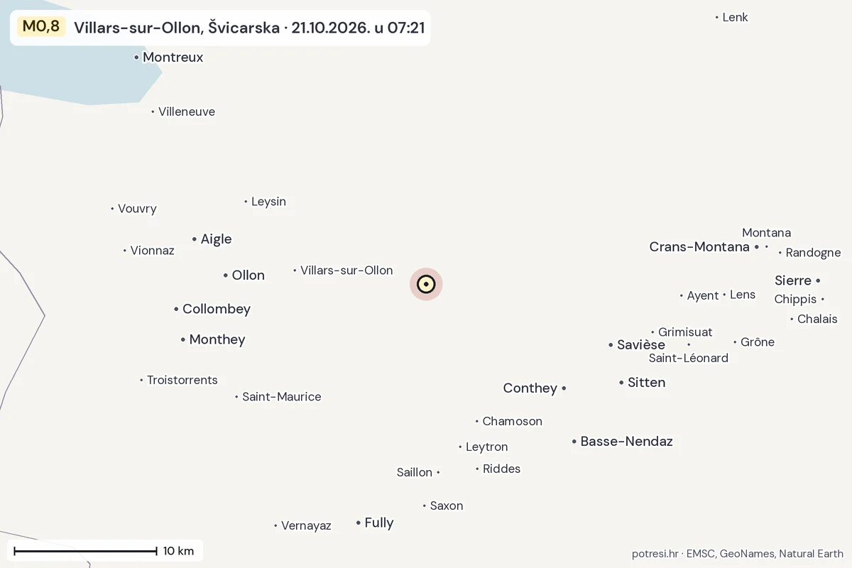 Karta: okolica epicentra, 60 km, potres M0,8, Villars-sur-Ollon, Švicarska, 21.10.2026.