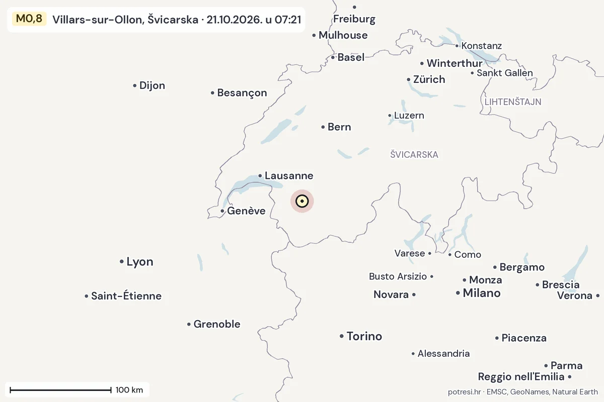 Karta: šire područje, 600 km, potres M0,8, Villars-sur-Ollon, Švicarska, 21.10.2026.