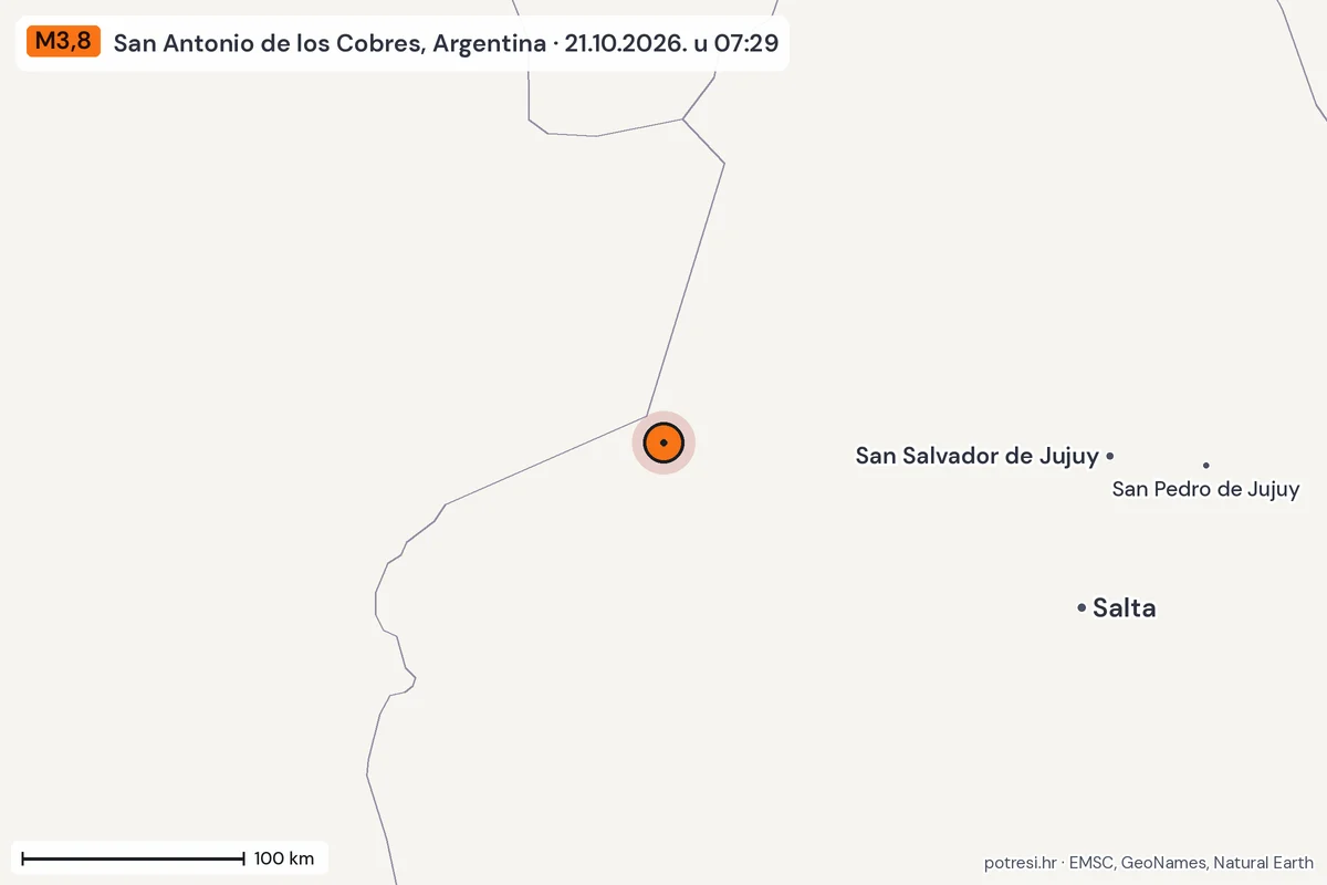 Karta: šire područje, 600 km, potres M3,8, San Antonio de los Cobres, Argentina, 21.10.2026.