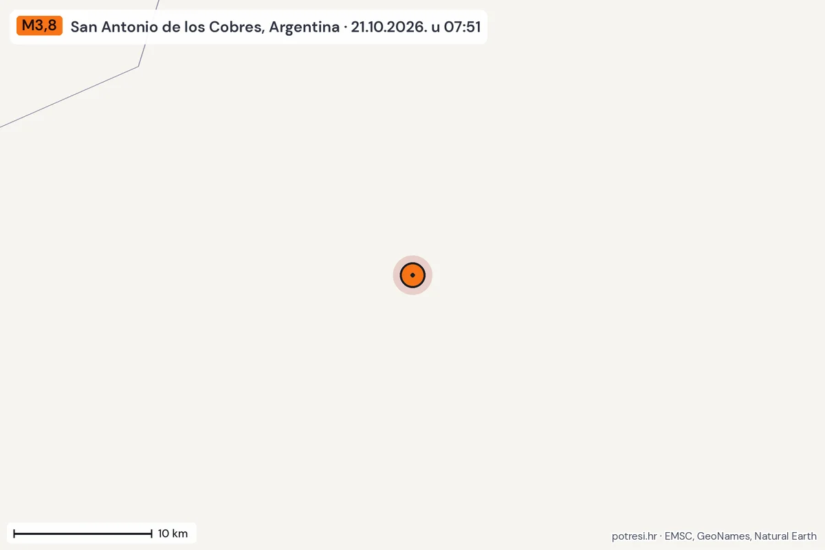 Karta: okolica epicentra, 60 km, potres M3,8, San Antonio de los Cobres, Argentina, 21.10.2026.