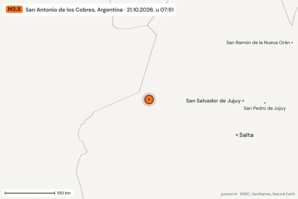Karta: šire područje, 600 km, potres M3,8, San Antonio de los Cobres, Argentina, 21.10.2026.