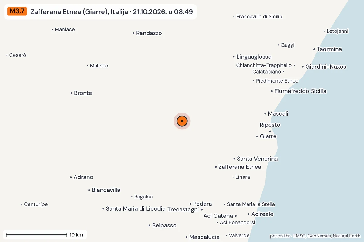Karta: okolica epicentra, 60 km, potres M3,7, Zafferana Etnea (Giarre), Italija, 21.10.2026.