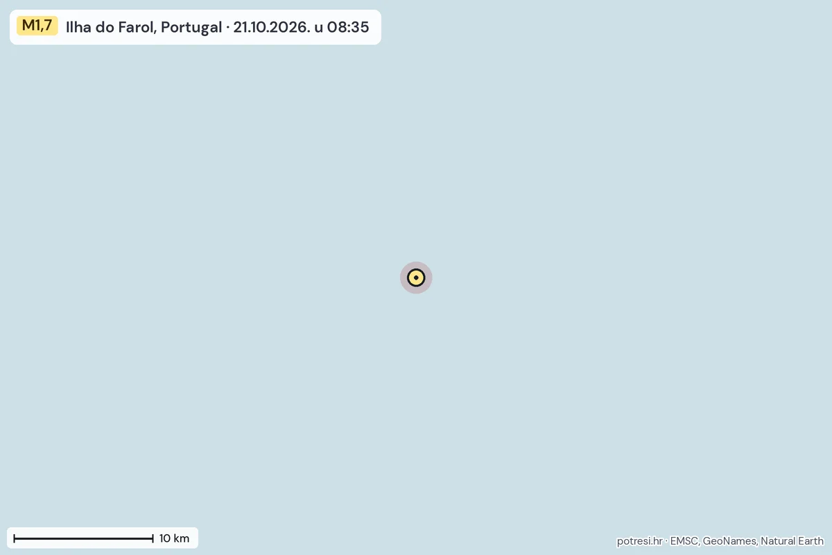 Karta: okolica epicentra, 60 km, potres M1,7, Ilha do Farol, Portugal, 21.10.2026.
