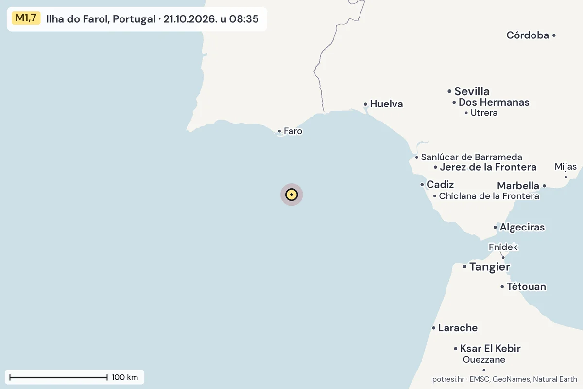 Karta: šire područje, 600 km, potres M1,7, Ilha do Farol, Portugal, 21.10.2026.