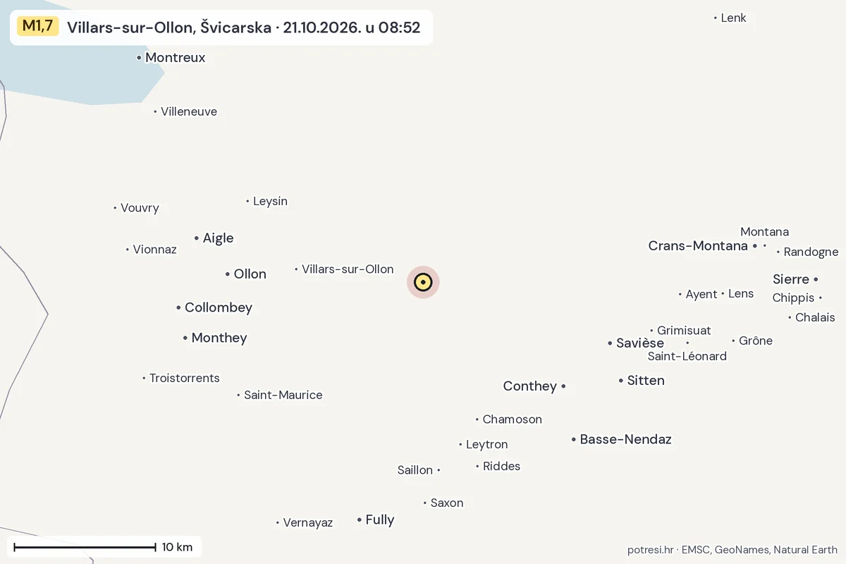 Karta: okolica epicentra, 60 km, potres M1,7, Villars-sur-Ollon, Švicarska, 21.10.2026.