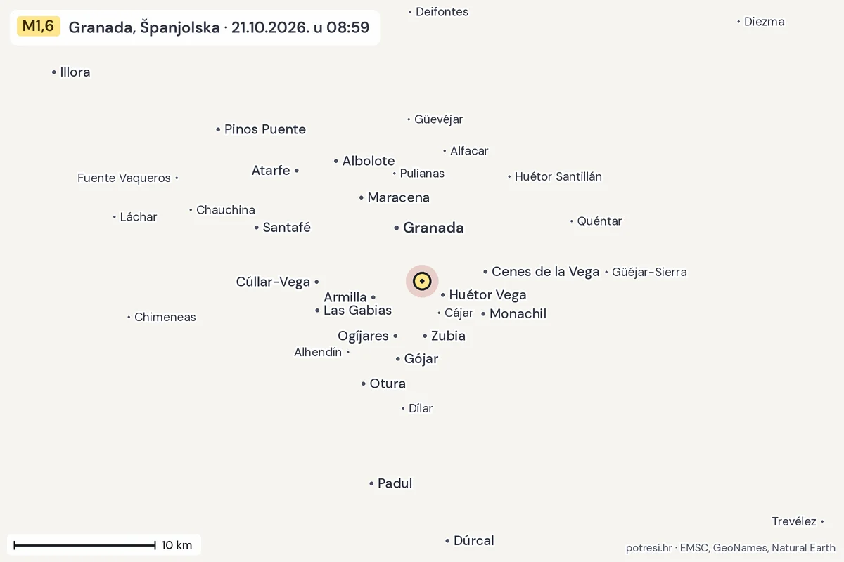 Karta: okolica epicentra, 60 km, potres M1,6, Granada, Španjolska, 21.10.2026.