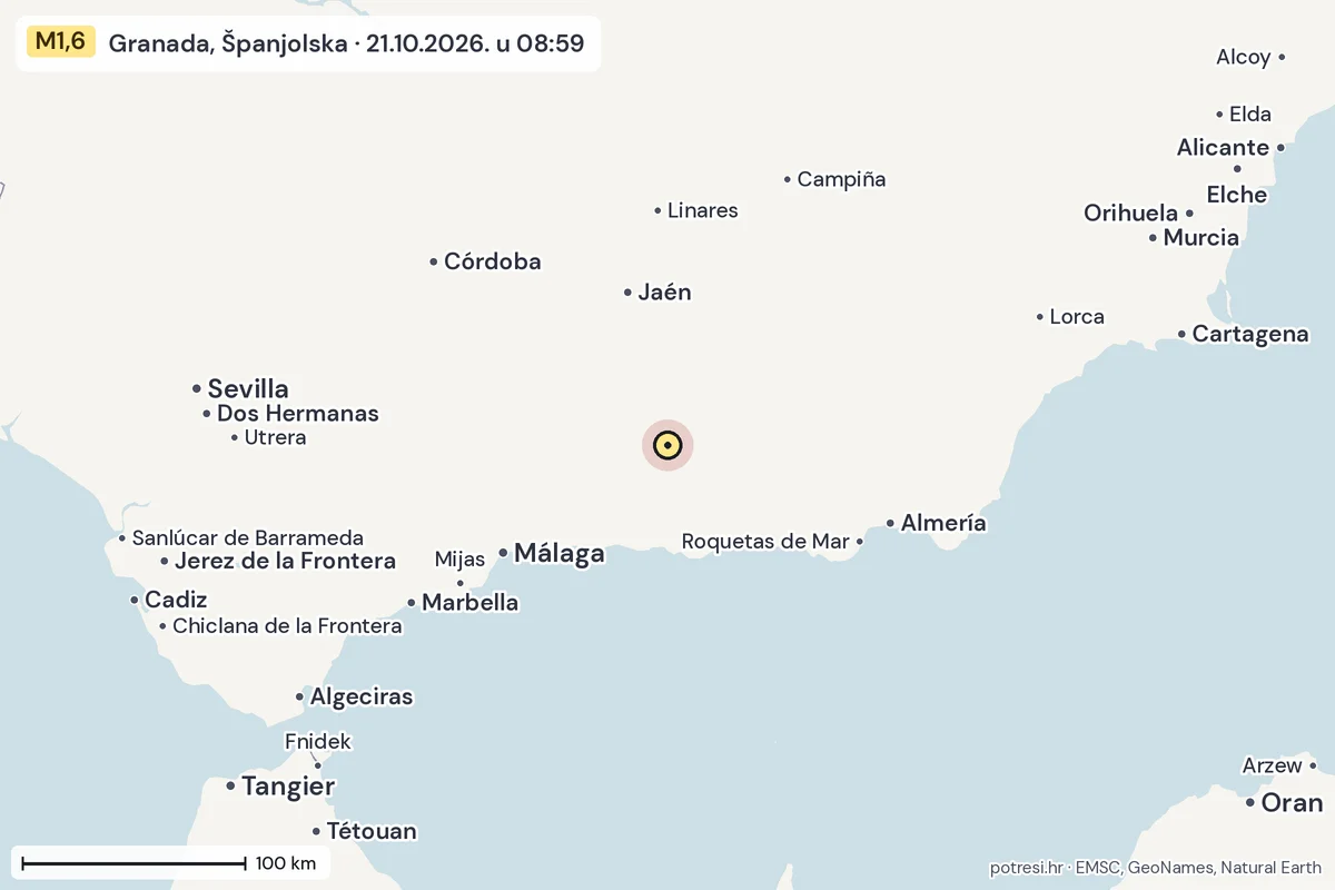 Karta: šire područje, 600 km, potres M1,6, Granada, Španjolska, 21.10.2026.
