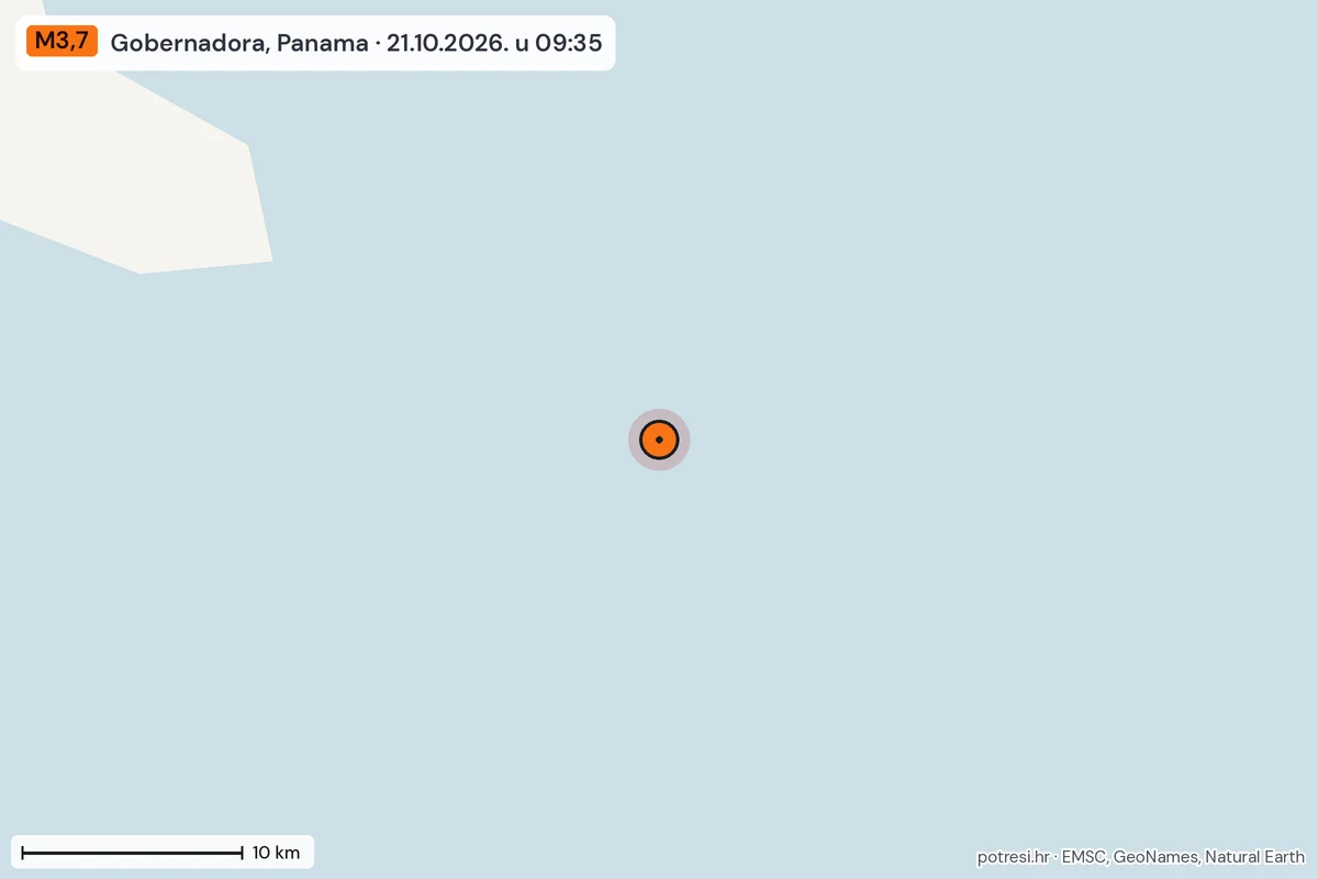 Karta: okolica epicentra, 60 km, potres M3,7, Gobernadora, Panama, 21.10.2026.