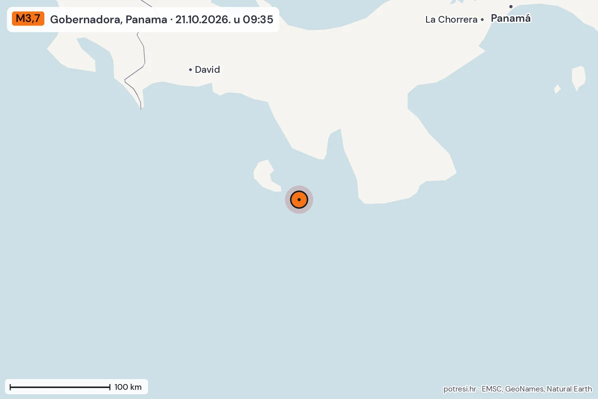 Karta: šire područje, 600 km, potres M3,7, Gobernadora, Panama, 21.10.2026.