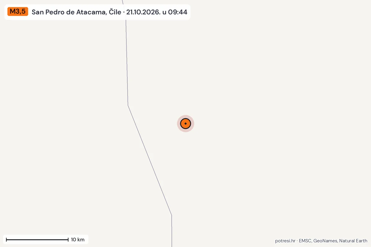 Karta: okolica epicentra, 60 km, potres M3,5, San Pedro de Atacama, Čile, 21.10.2026.