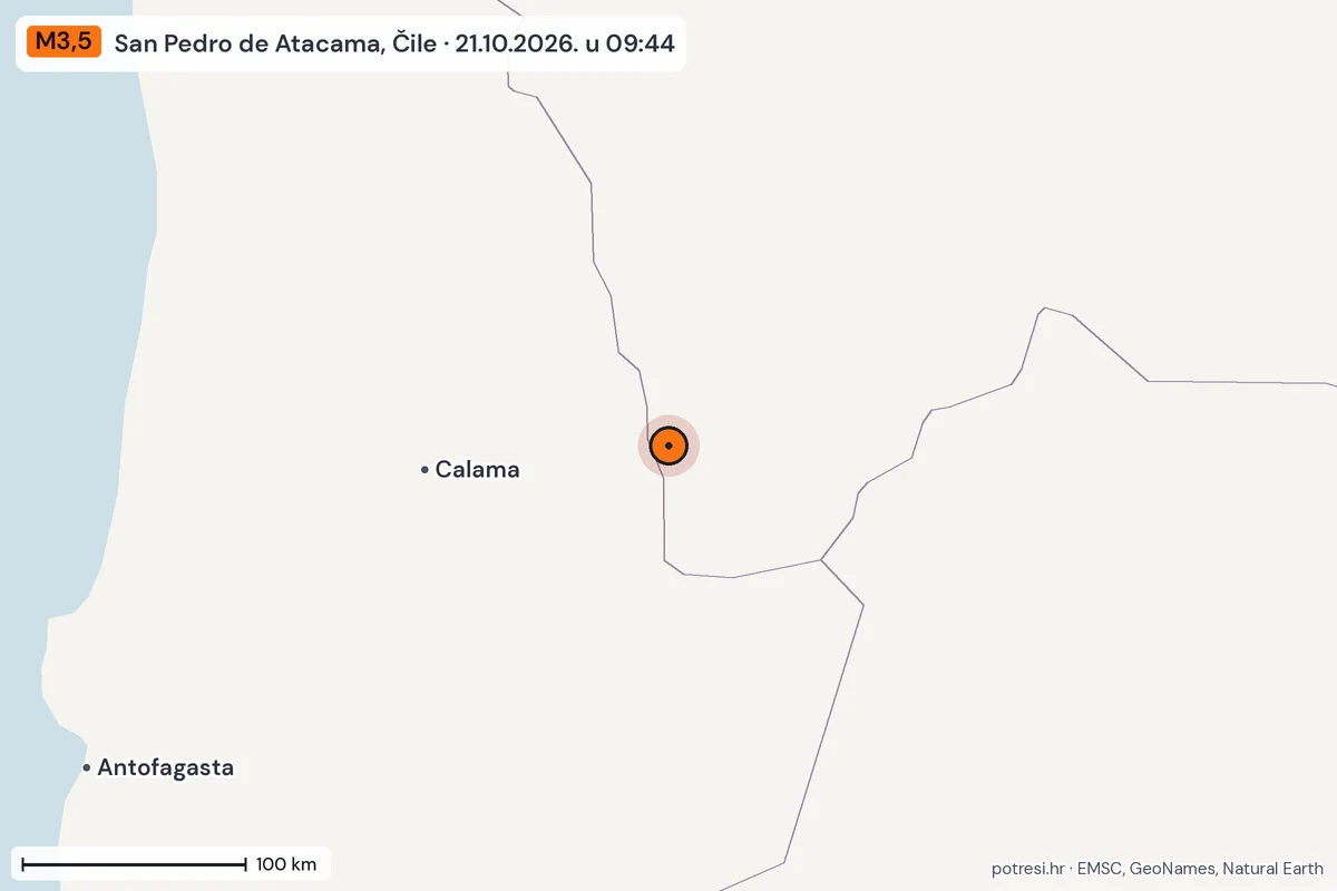 Karta: šire područje, 600 km, potres M3,5, San Pedro de Atacama, Čile, 21.10.2026.