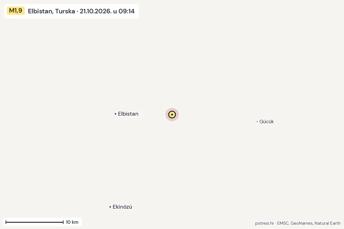 Karta: okolica epicentra, 60 km, potres M1,9, Elbistan, Turska, 21.10.2026.
