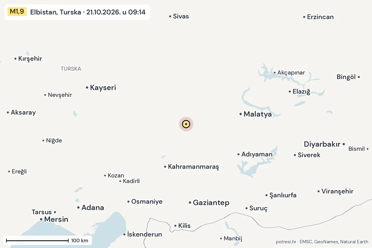 Karta: šire područje, 600 km, potres M1,9, Elbistan, Turska, 21.10.2026.