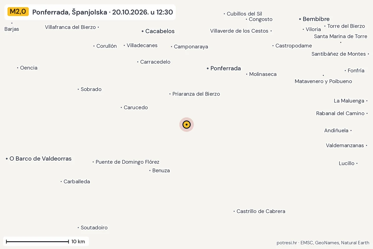 Karta: okolica epicentra, 60 km, potres M2,0, Ponferrada, Španjolska, 20.10.2026.