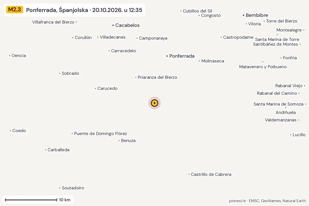 Karta: okolica epicentra, 60 km, potres M2,3, Ponferrada, Španjolska, 20.10.2026.