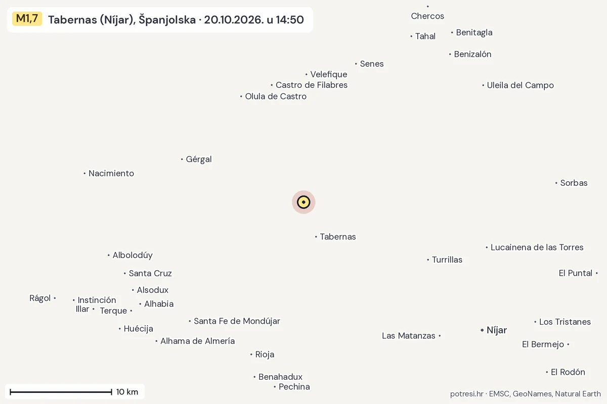 Karta: okolica epicentra, 60 km, potres M1,7, Tabernas (Níjar), Španjolska, 20.10.2026.