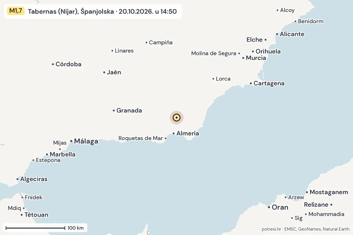 Karta: šire područje, 600 km, potres M1,7, Tabernas (Níjar), Španjolska, 20.10.2026.