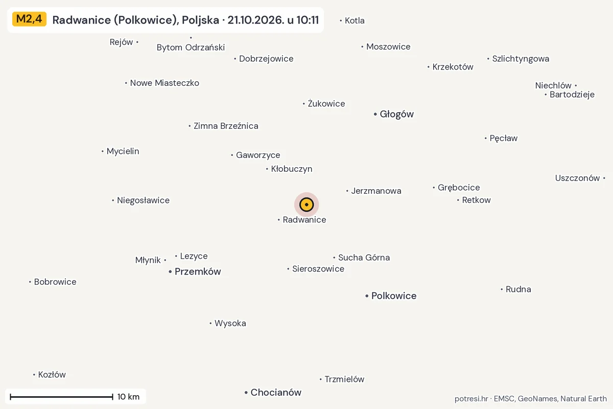 Karta: okolica epicentra, 60 km, potres M2,4, Radwanice (Polkowice), Poljska, 21.10.2026.