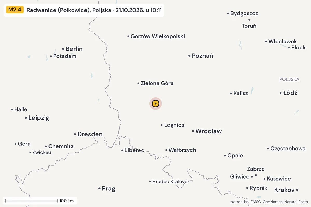 Karta: šire područje, 600 km, potres M2,4, Radwanice (Polkowice), Poljska, 21.10.2026.