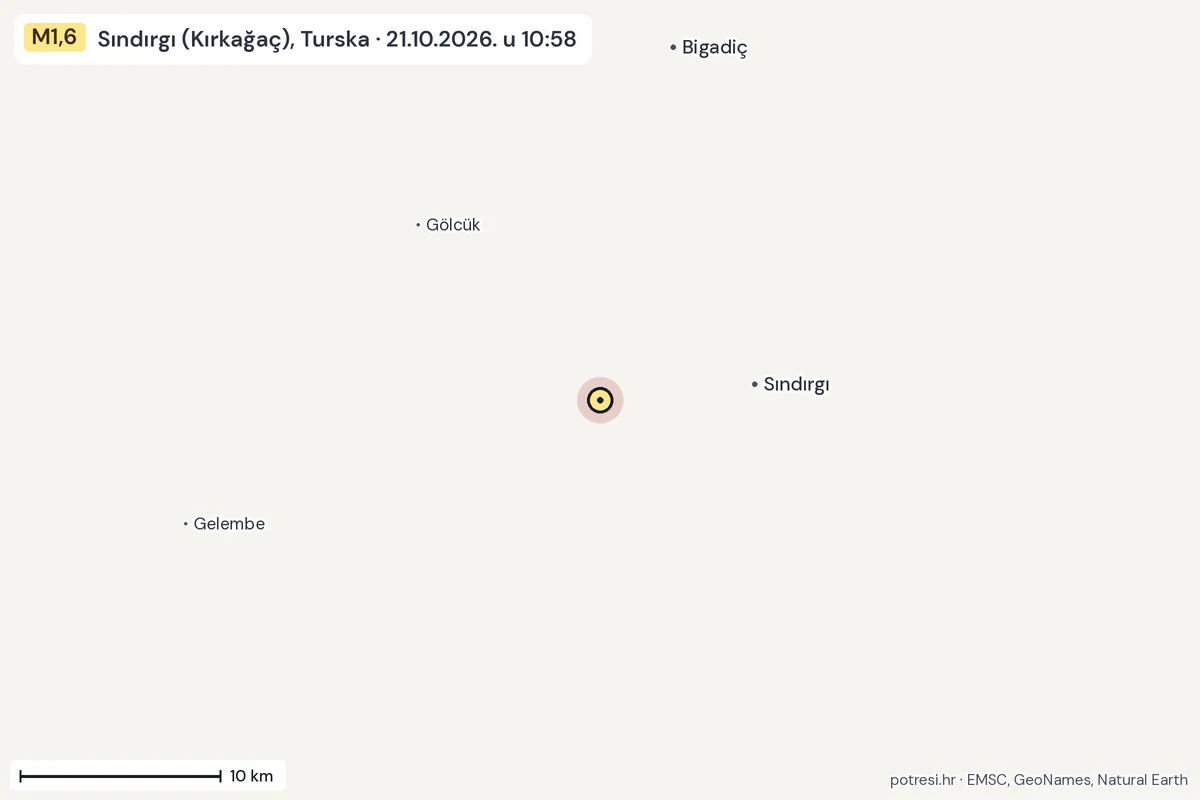 Karta: okolica epicentra, 60 km, potres M1,6, Sındırgı (Kırkağaç), Turska, 21.10.2026.