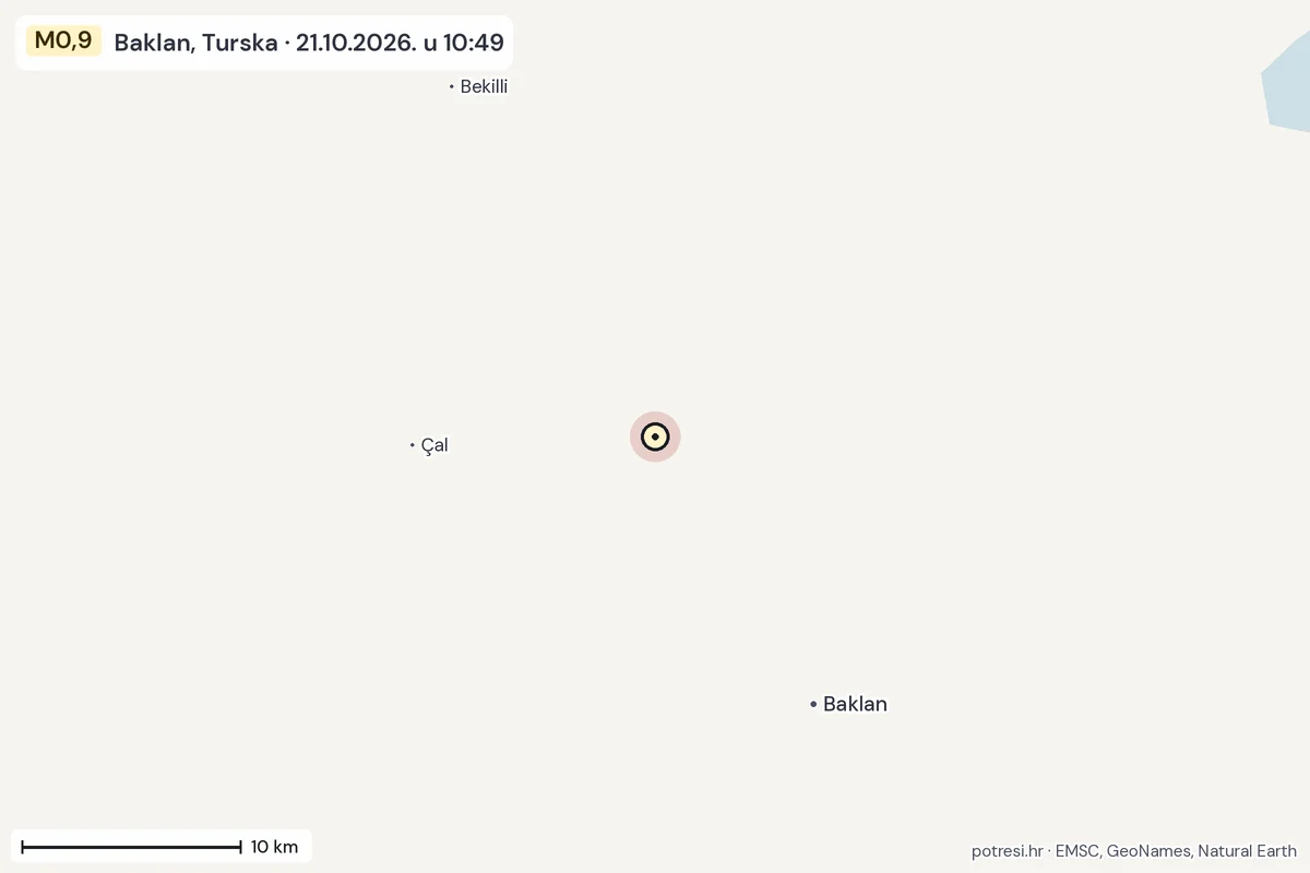 Karta: okolica epicentra, 60 km, potres M0,9, Baklan, Turska, 21.10.2026.