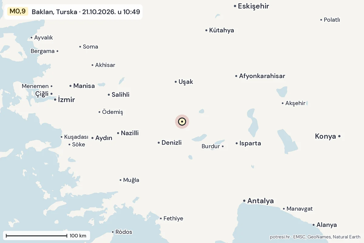 Karta: šire područje, 600 km, potres M0,9, Baklan, Turska, 21.10.2026.