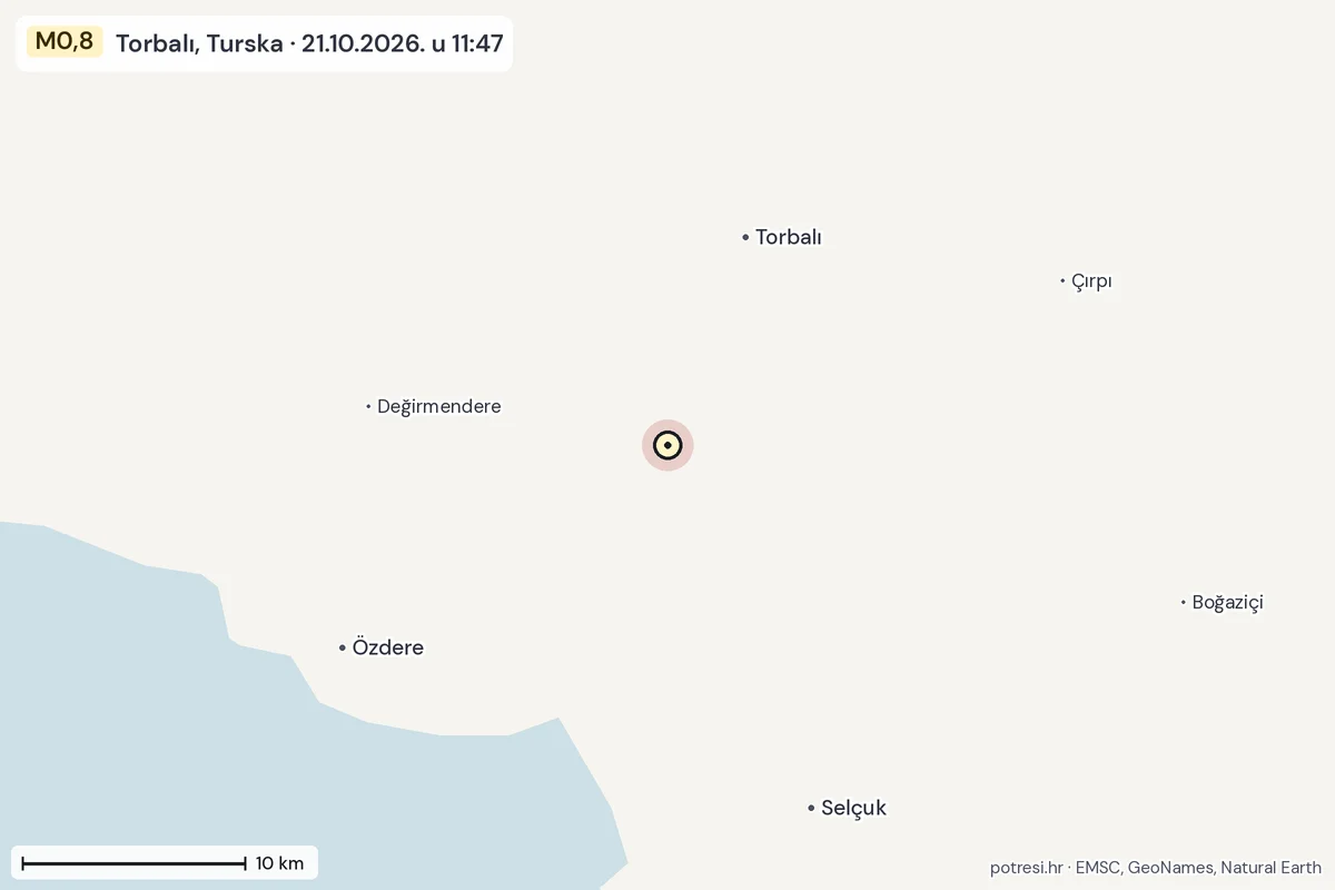 Karta: okolica epicentra, 60 km, potres M0,8, Torbalı, Turska, 21.10.2026.