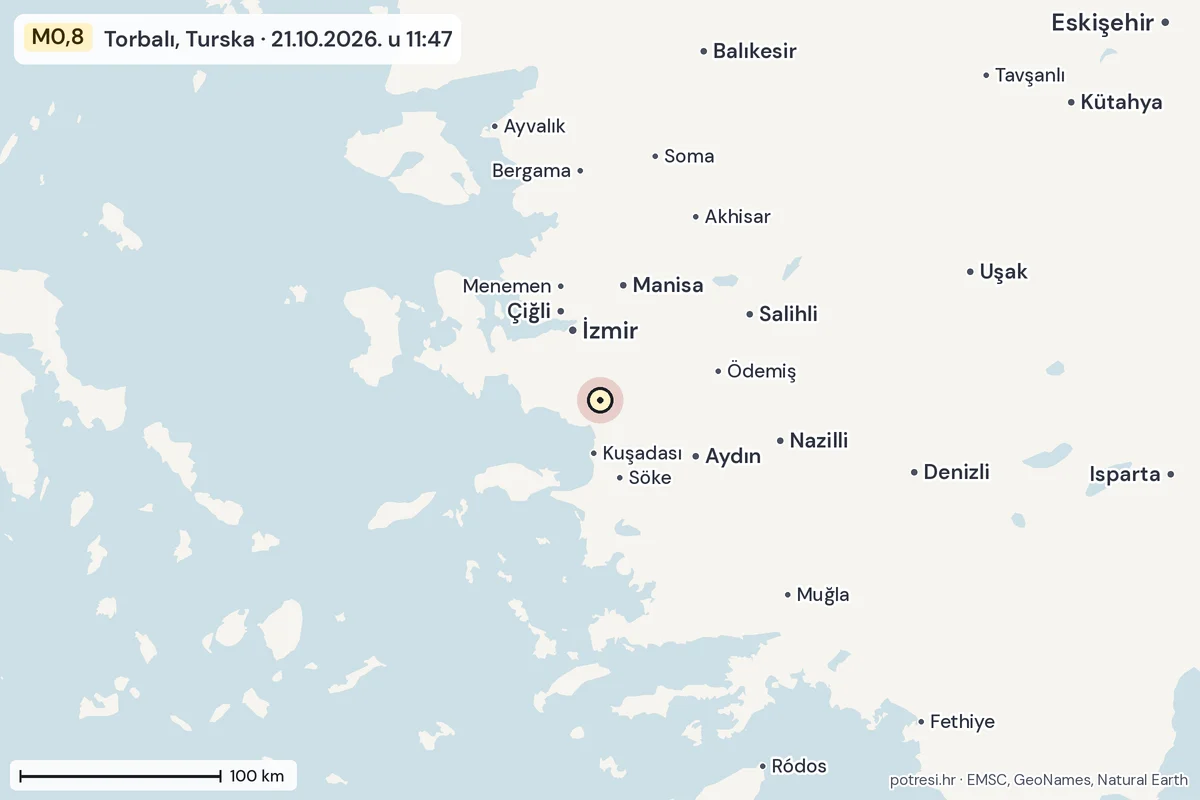 Karta: šire područje, 600 km, potres M0,8, Torbalı, Turska, 21.10.2026.