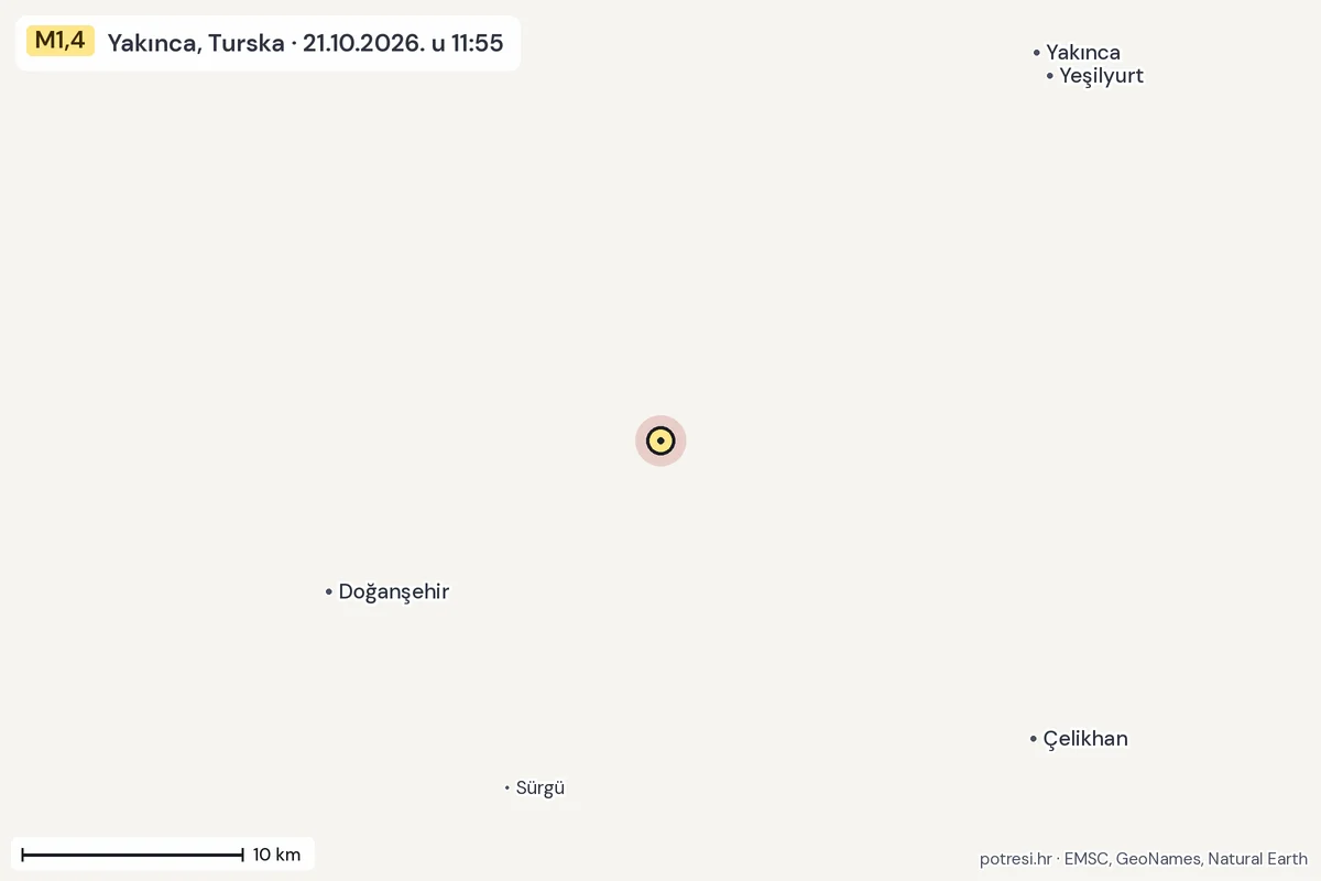 Karta: okolica epicentra, 60 km, potres M1,4, Yakınca, Turska, 21.10.2026.