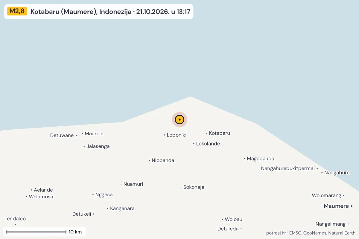Karta: okolica epicentra, 60 km, potres M2,8, Kotabaru (Maumere), Indonezija, 21.10.2026.