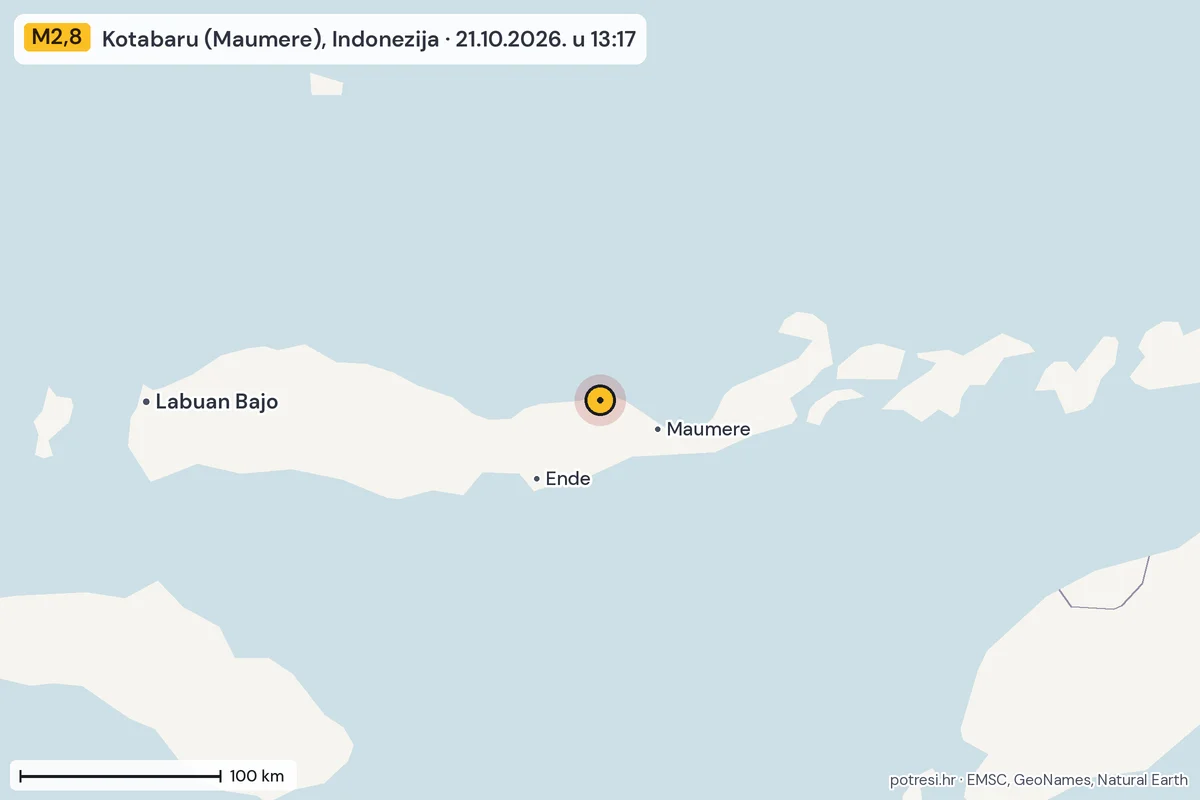 Karta: šire područje, 600 km, potres M2,8, Kotabaru (Maumere), Indonezija, 21.10.2026.