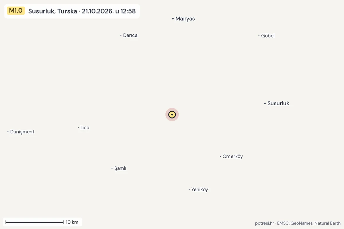 Karta: okolica epicentra, 60 km, potres M1,0, Susurluk, Turska, 21.10.2026.