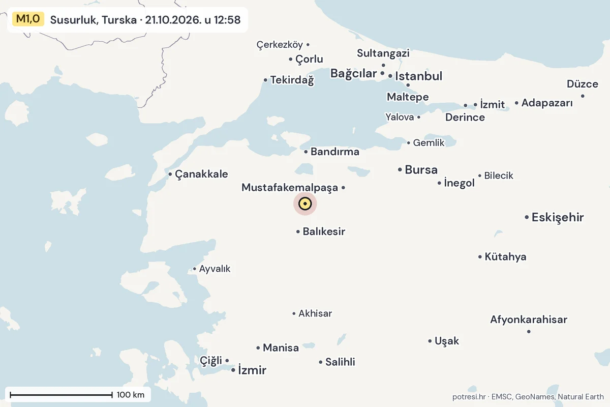 Karta: šire područje, 600 km, potres M1,0, Susurluk, Turska, 21.10.2026.